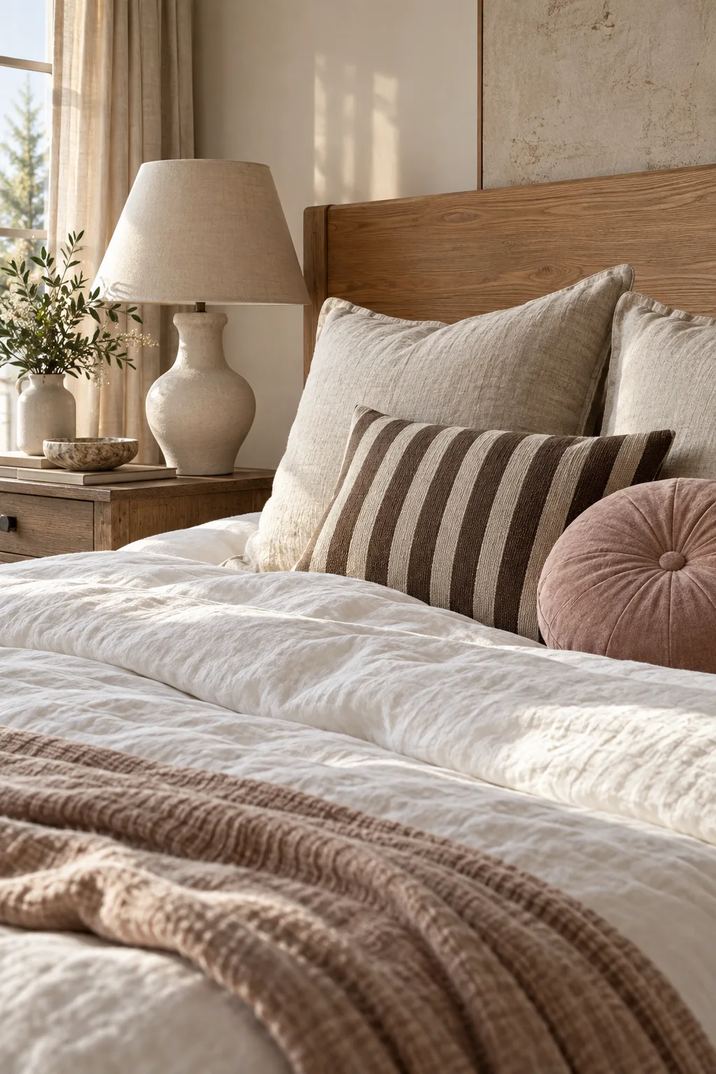 Coussins en lin et rayures chocolat dans une chambre douce