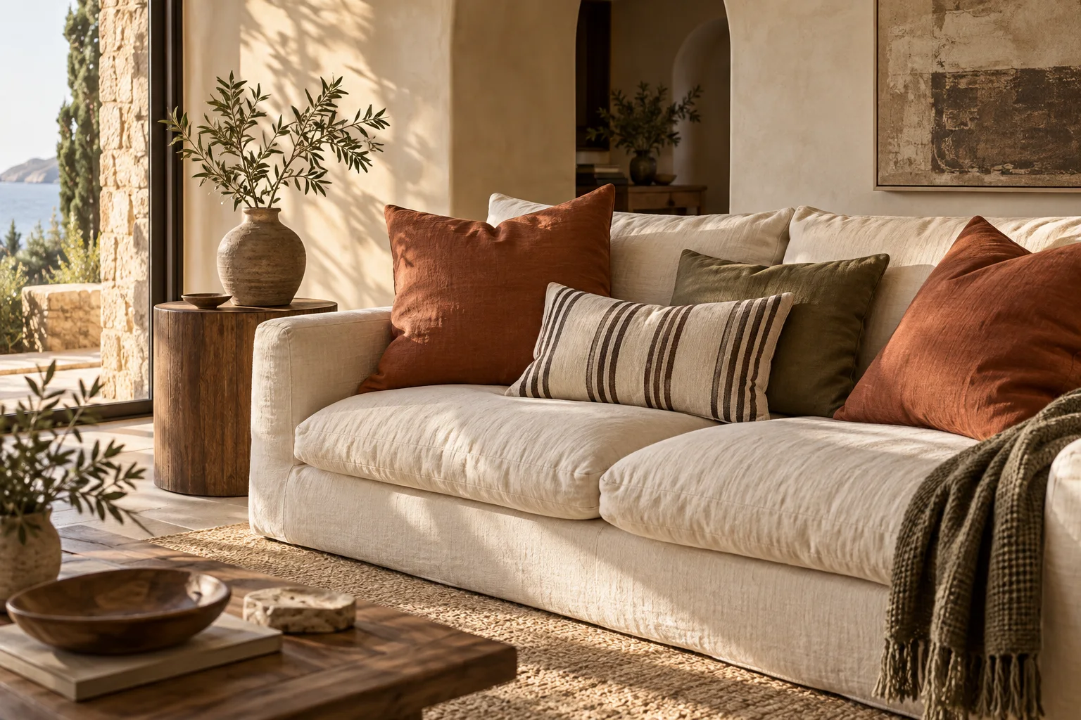 Coussins terracotta, olive et rayés sur un canapé en lin écru