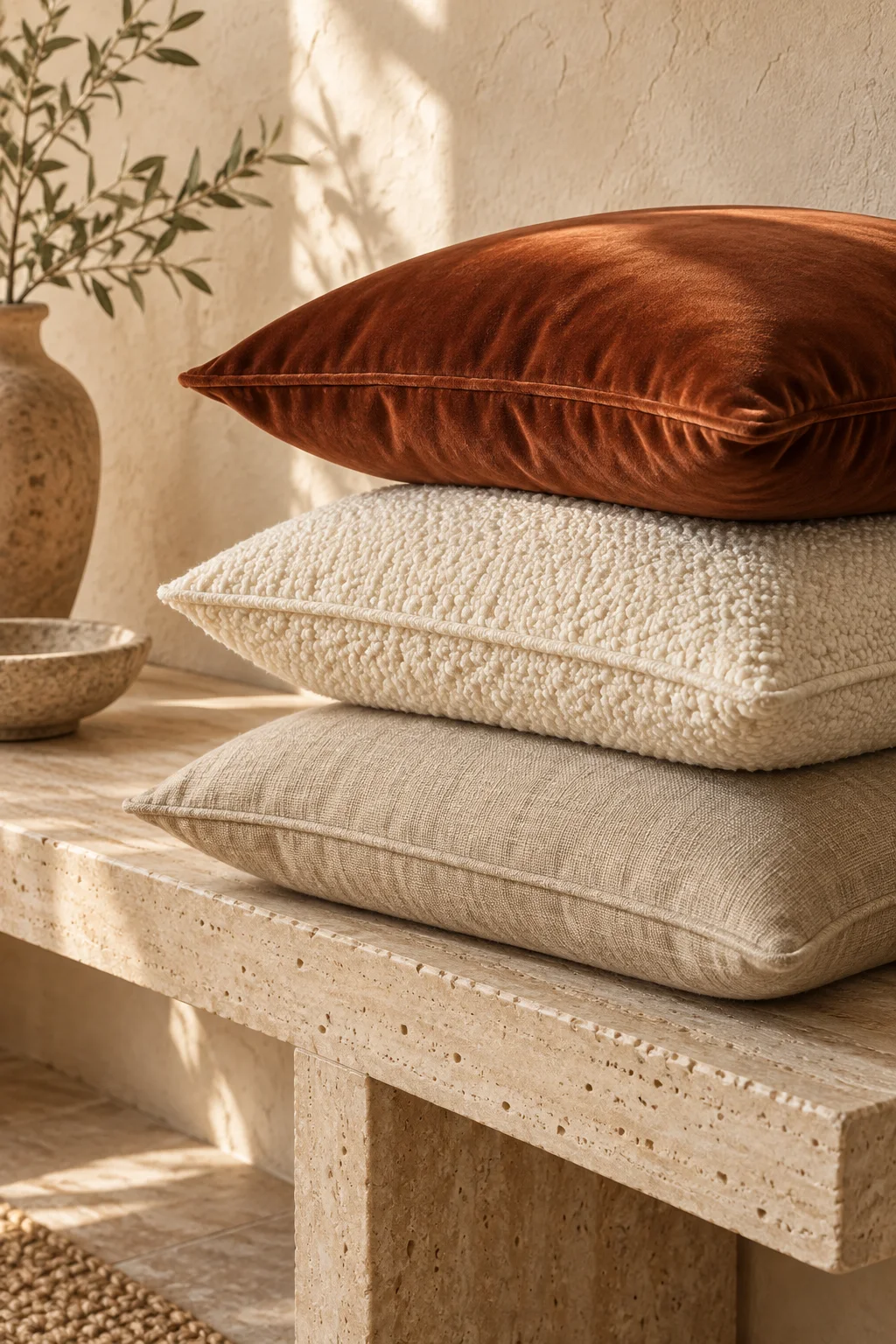 Superposition de coussins en velours rouille, bouclette et lin naturel