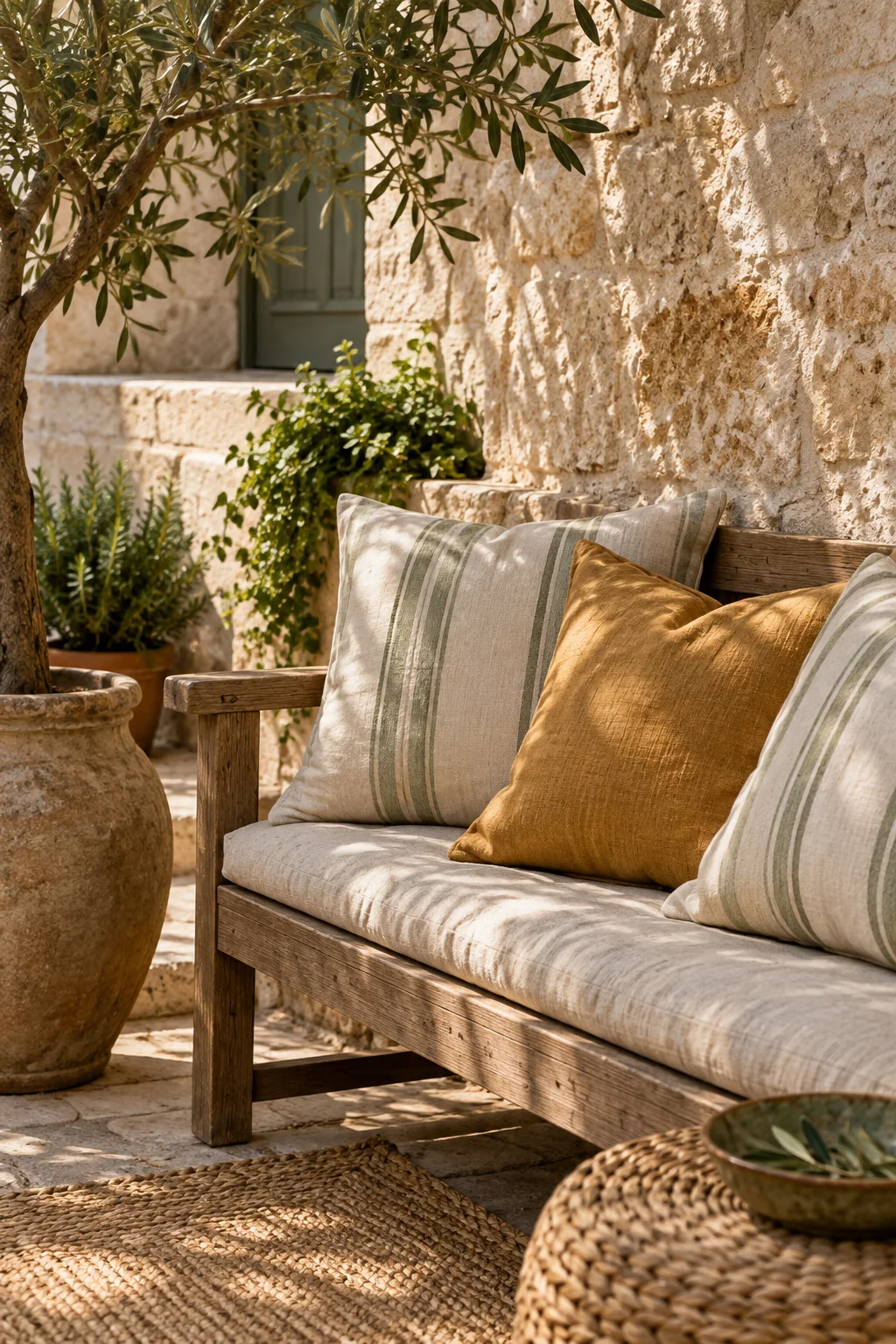 Coussins rayés vert sauge et ocre sur une terrasse