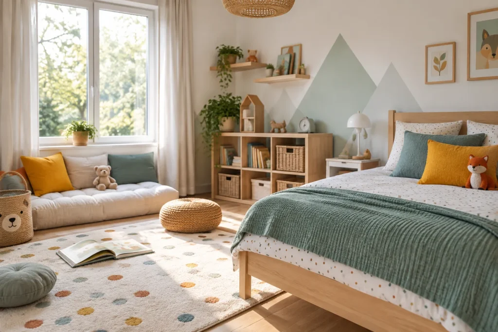 Chambre d’enfant claire avec des coussins colorés sur un lit et près d’un coin assis au sol.