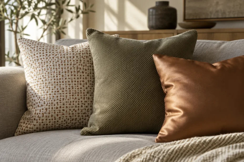 Trois coussins aux surfaces distinctes : toile à petit motif, sergé uni et satin légèrement brillant, posés côte à côte sur un canapé.