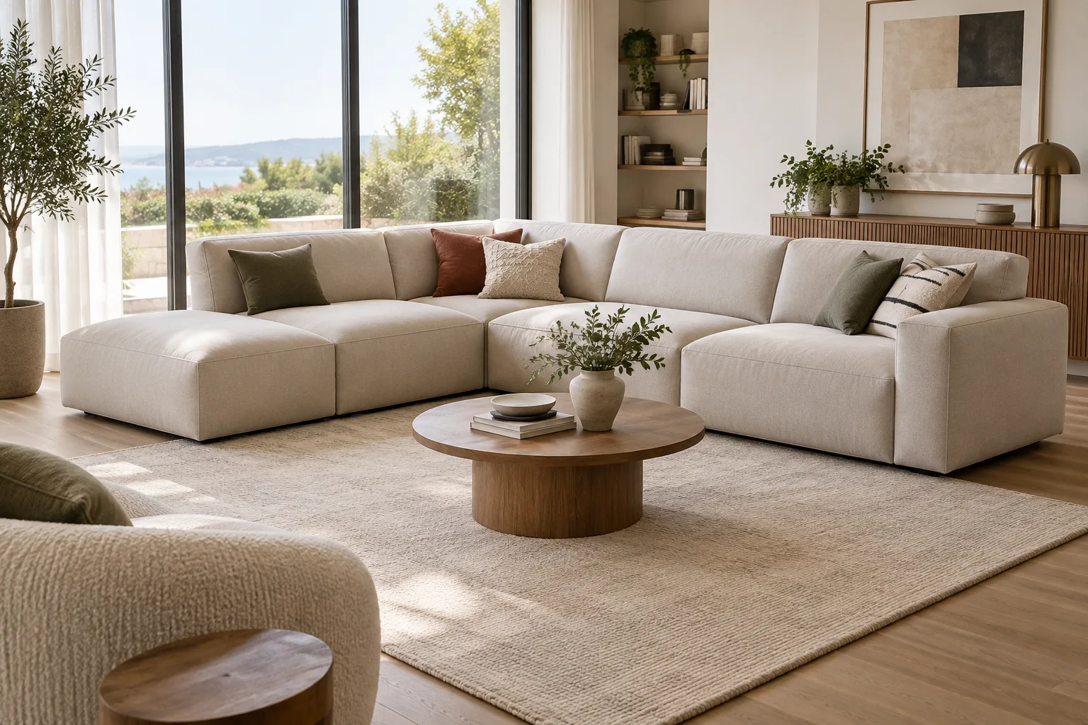 Coussins disposés aux zones d’appui d’un canapé modulable en angle, avec une assise laissée libre.