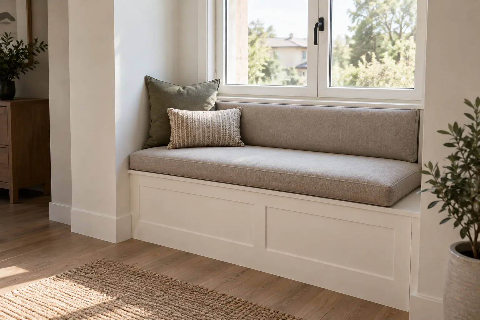 Coussin d’assise ajusté à une banquette compacte, avec un espace libre devant le banc.