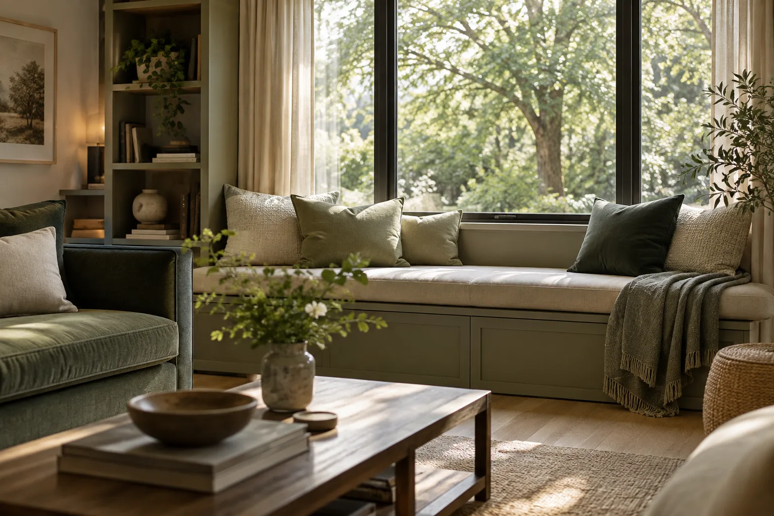 Banquette près d’une fenêtre sur des arbres, décorée de coussins verts et écrus coordonnés au canapé.