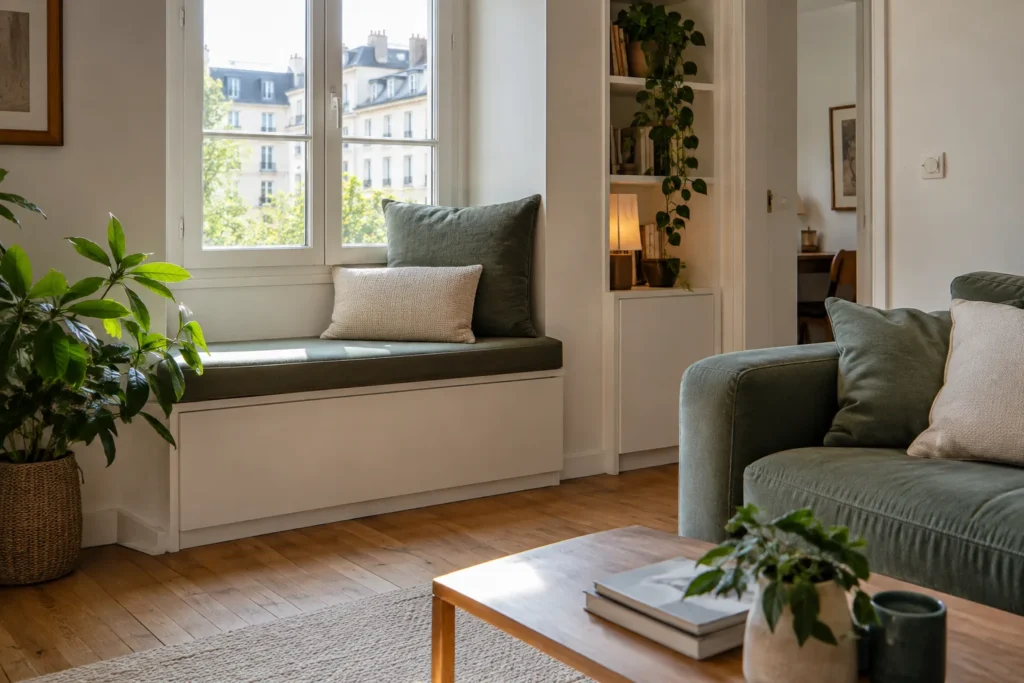 Banquette sous une fenêtre avec un coussin d’assise et deux coussins de dossier, dans un séjour au passage dégagé.