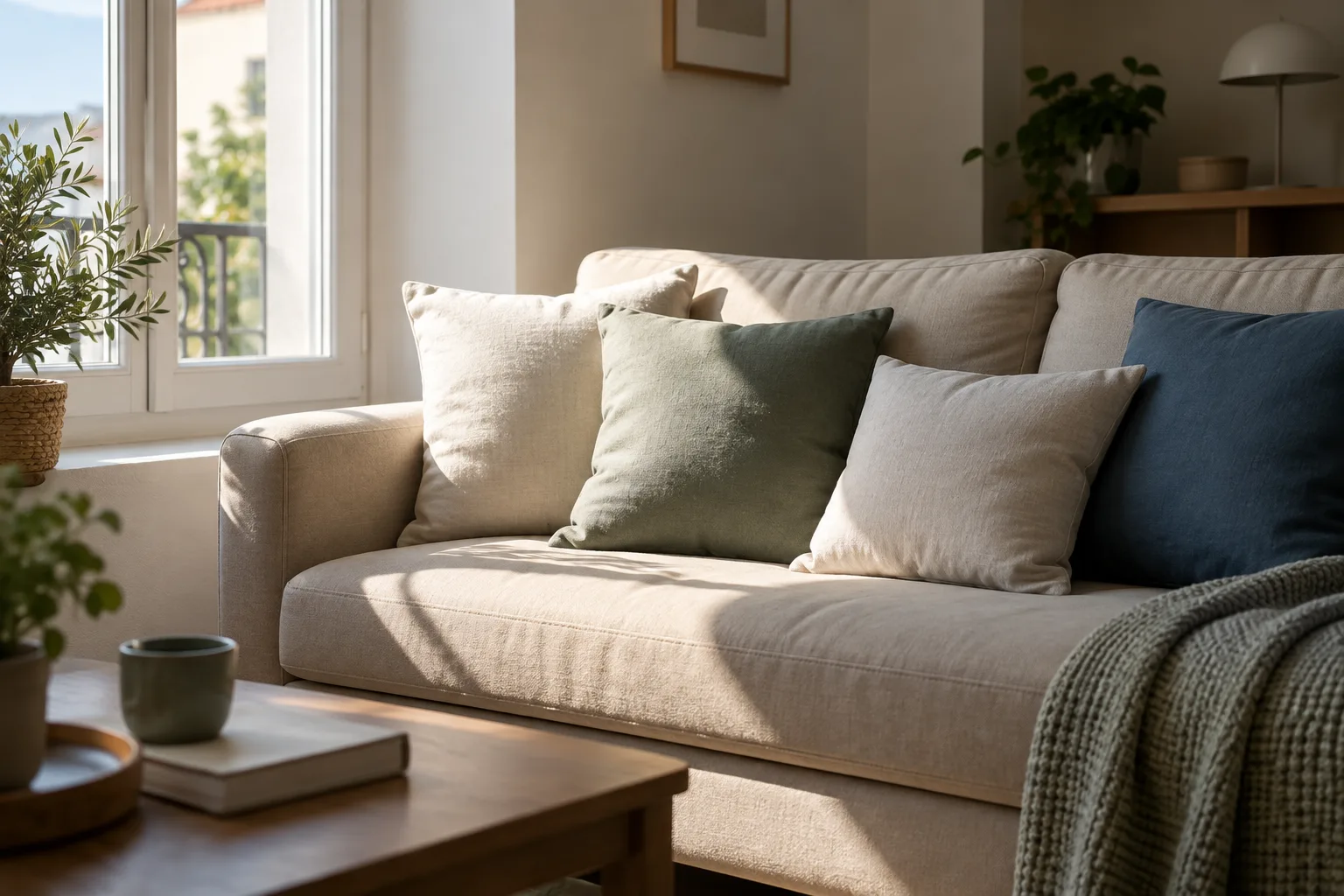Canapé beige près d’une fenêtre, avec des coussins écrus et verts éclairés par la lumière du jour.