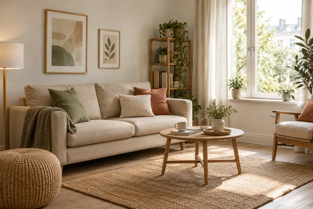 Canapé beige garni de coussins écrus, vert sauge et terracotta dans un salon près d’une fenêtre.