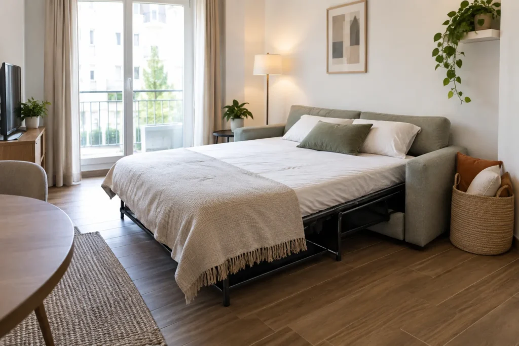 Canapé convertible déplié dans un petit séjour, avec des coussins rangés dans un panier près du mur.