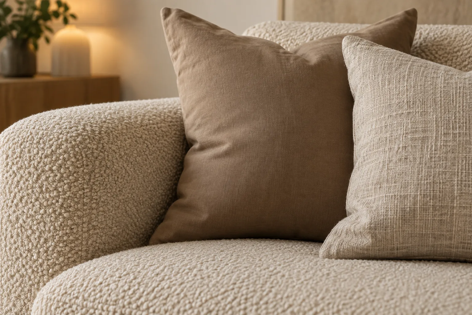 Détail d’un canapé en bouclé beige associé à des coussins en coton lisse et en lin tissé.