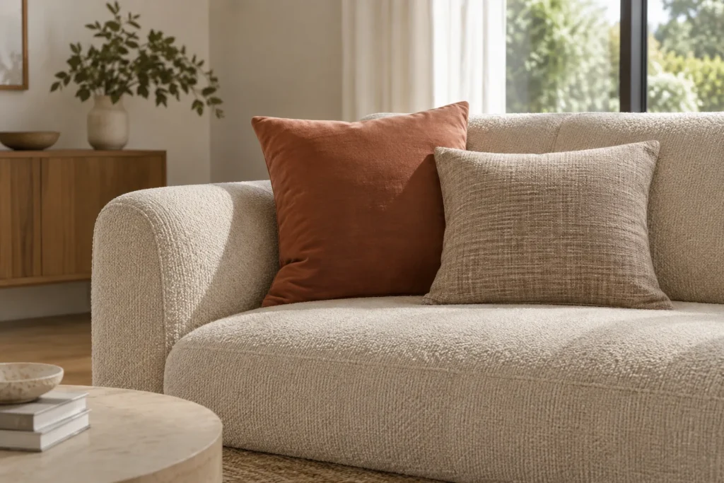 Canapé en bouclé écru accompagné d’un coussin lisse terracotta et d’un coussin sable à texture discrète.