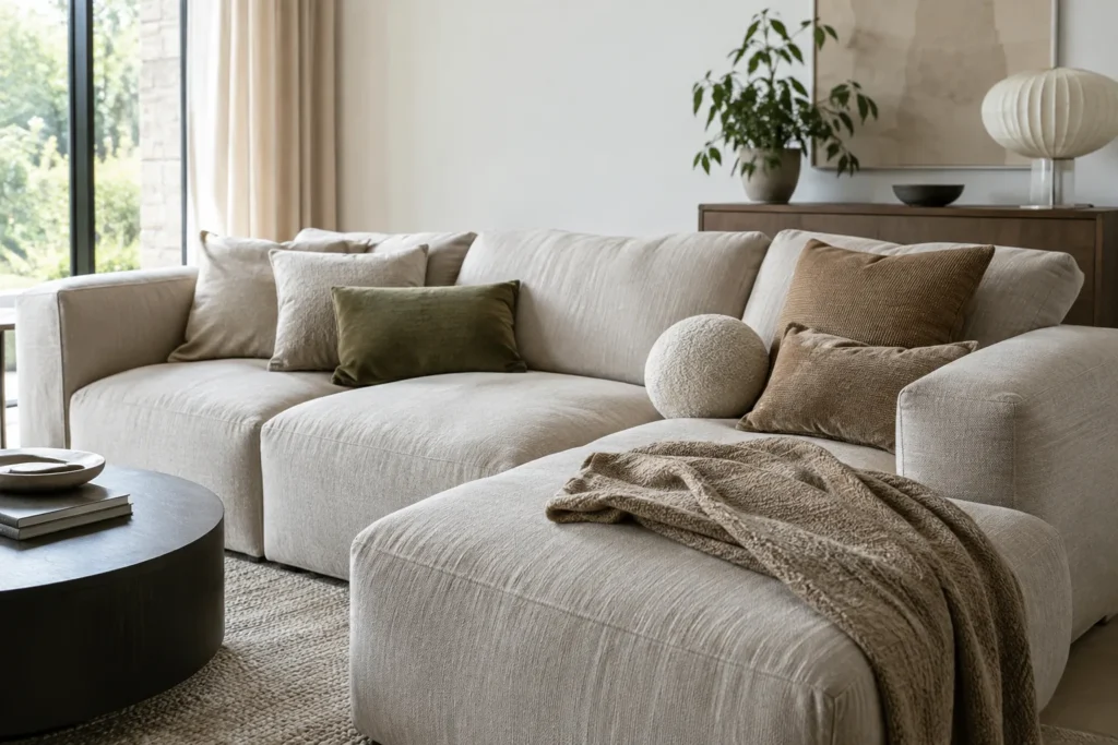 Canapé profond avec un grand coussin contre le dossier et plusieurs coussins posés sur l’assise.