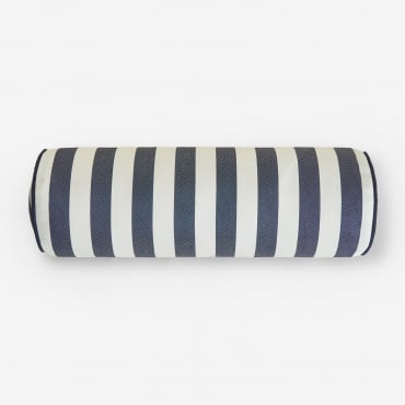 Coussin rouleau Somalia blanc et bleu marine, forme cylindrique avec passepoil