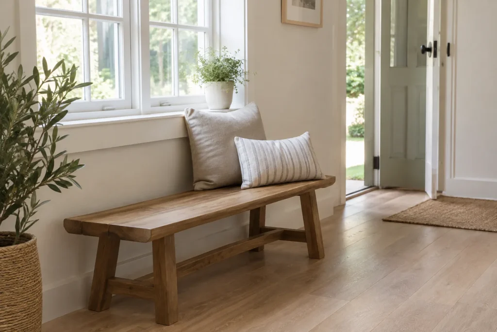 Un banc en bois près d’une fenêtre porte deux coussins aux couleurs douces, avec un espace libre sur l’assise.