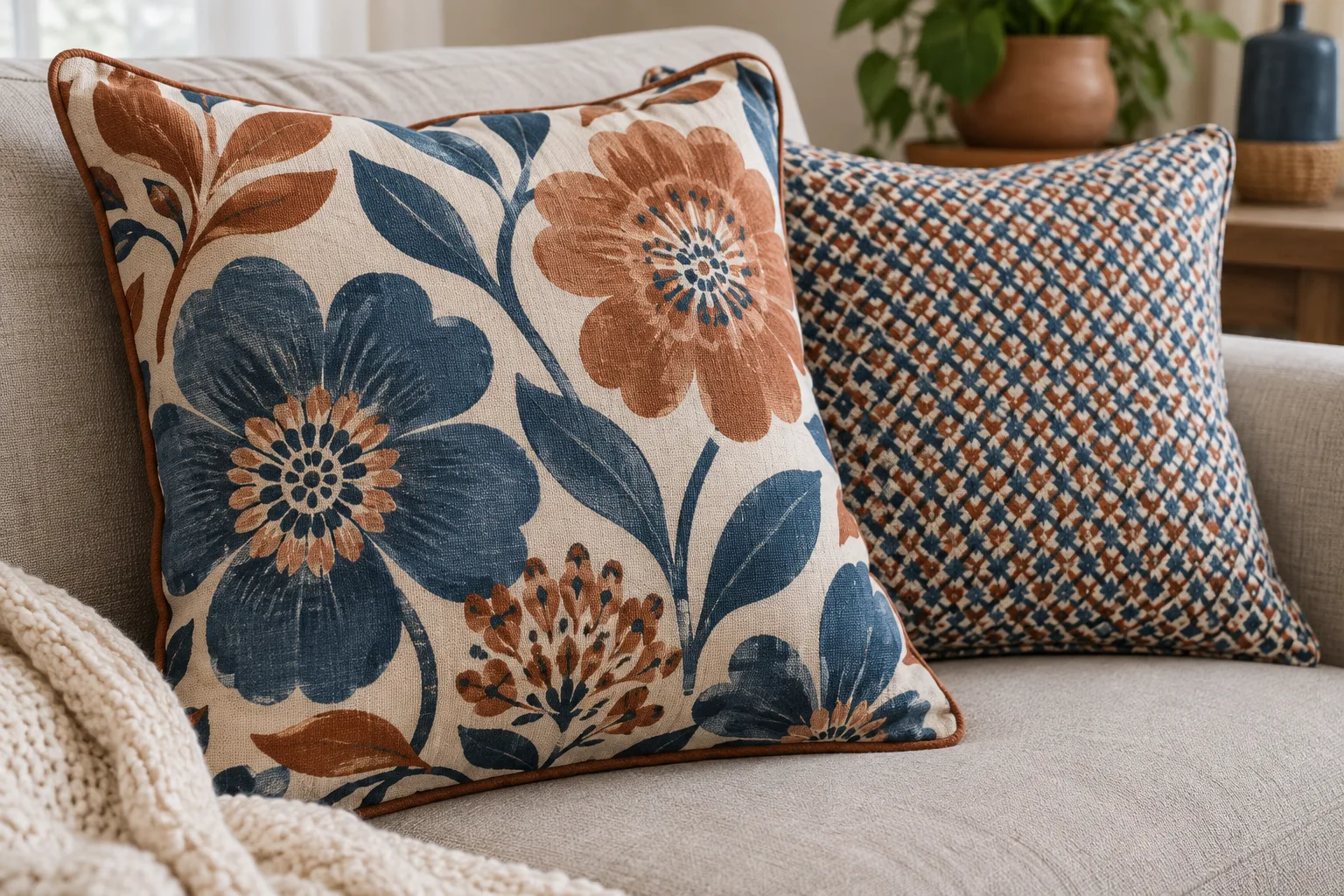 Un coussin à larges fleurs est associé à un coussin voisin couvert d’un petit motif géométrique aux couleurs coordonnées.