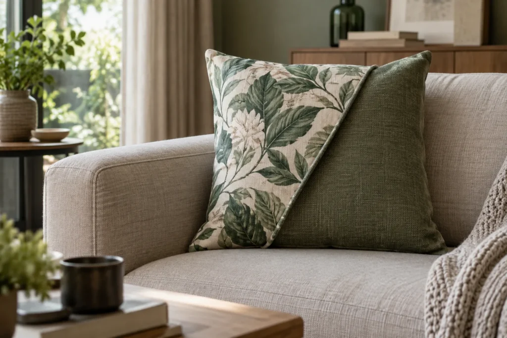 Coussin réversible posé sur un canapé, avec un motif végétal visible sur une face et un revers uni texturé.