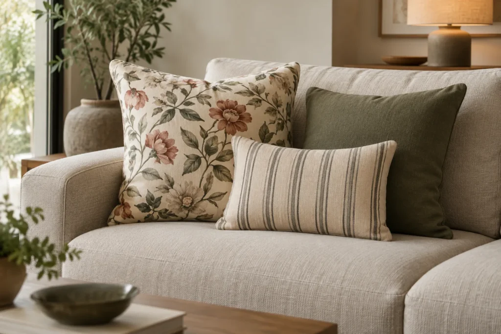 Un coussin à grand motif floral posé entre un coussin uni texturé et un petit coussin rayé sur un canapé.