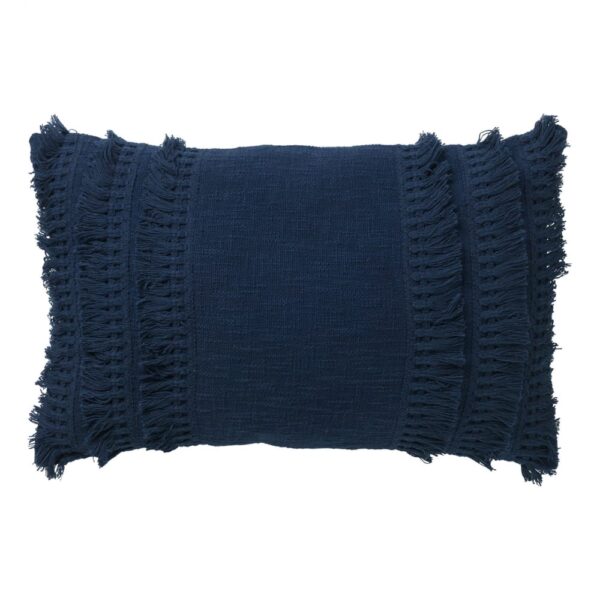 Coussin Dutch Decor Fara bleu uni avec franges et housse en coton