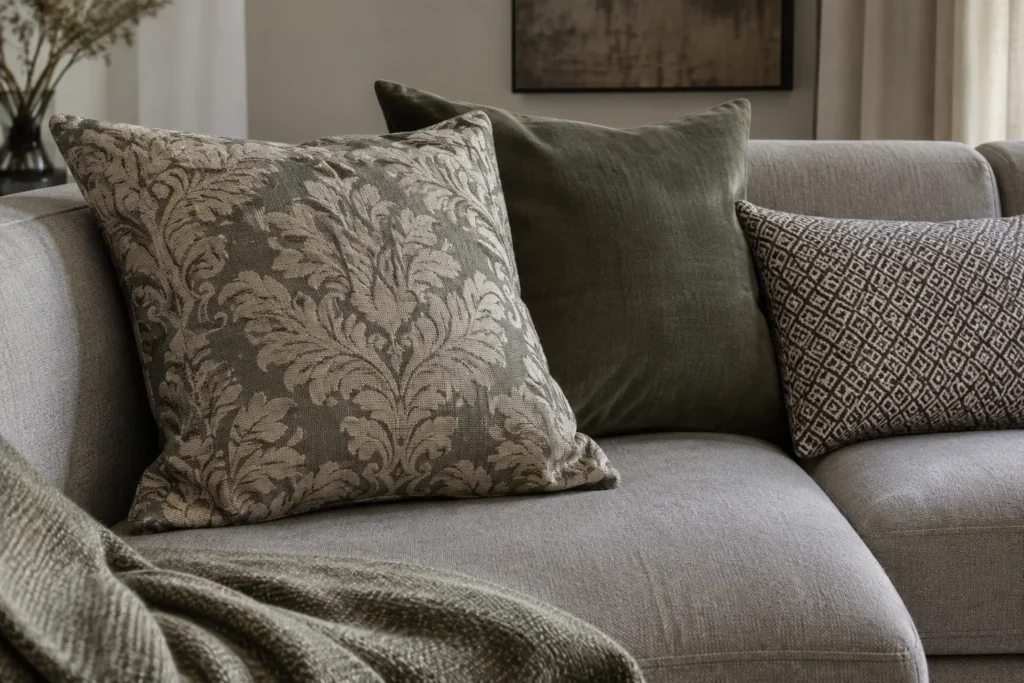 Trois coussins sur un canapé, dont un damassé à motif tissé, un uni mat et un à petits motifs géométriques.