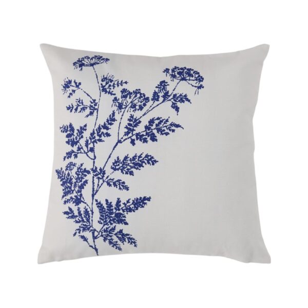 Coussin CAMIF Angélique blanc à motif botanique bleu, face imprimée et verso uni