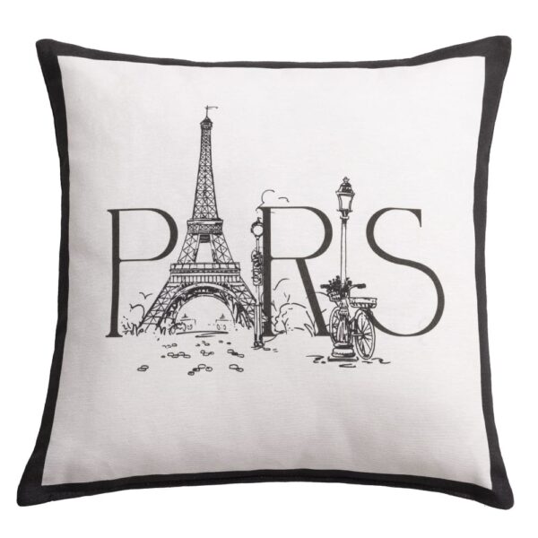 Coussin Paris Becquet carré blanc cassé à bordure noire et motifs imprimés