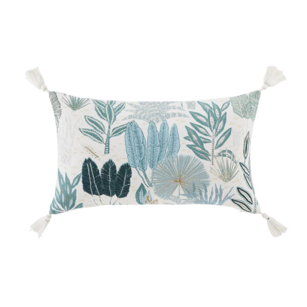 Coussin Maisons du Monde GRIMAUD imprimé bleu avec pompons écrus
