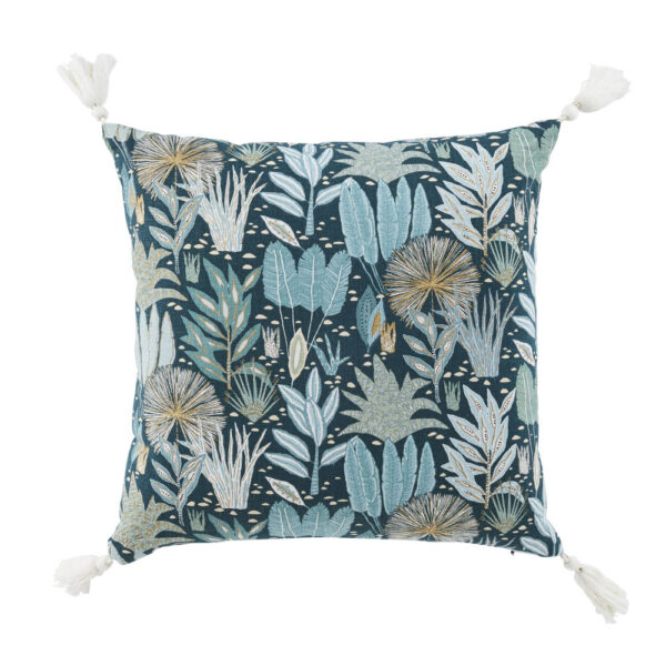 Coussin Maisons du Monde GRIMAUD imprimé bleu, pompons écrus et détails dorés