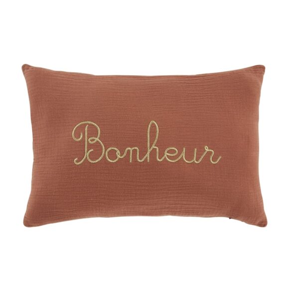 coussin Maisons du Monde Bonheur en gaze de coton terracotta et doré