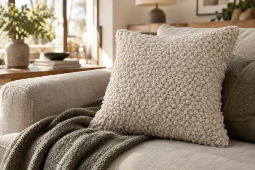 Coussin en laine bouclée posé sur un canapé clair près d’un plaid uni.