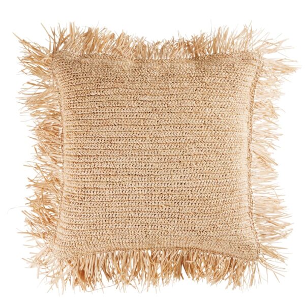 coussin CANA Maisons du Monde carré en raphia tressé, dos en coton et lin