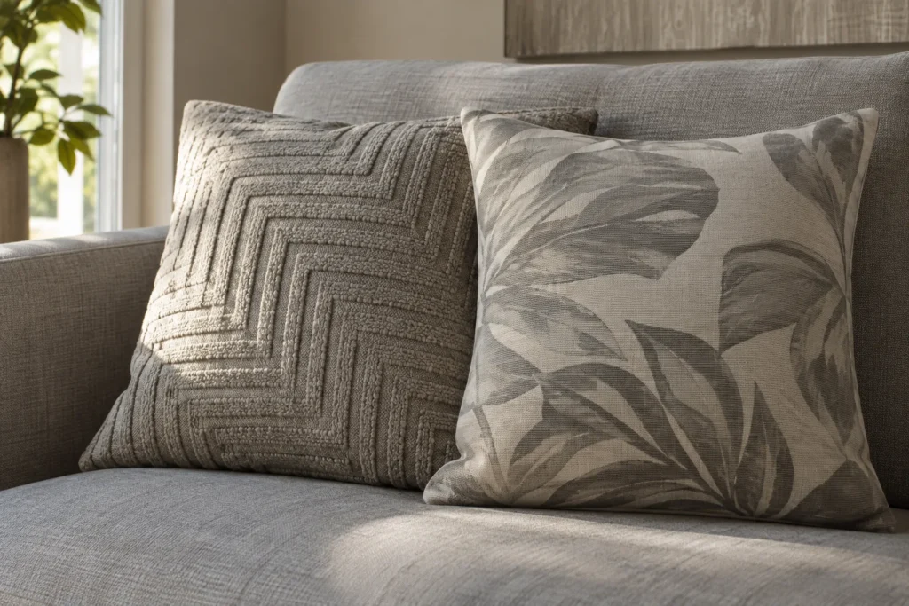 Deux coussins sur un canapé gris, l’un à motif géométrique tissé en relief et l’autre orné de grandes formes végétales imprimées.