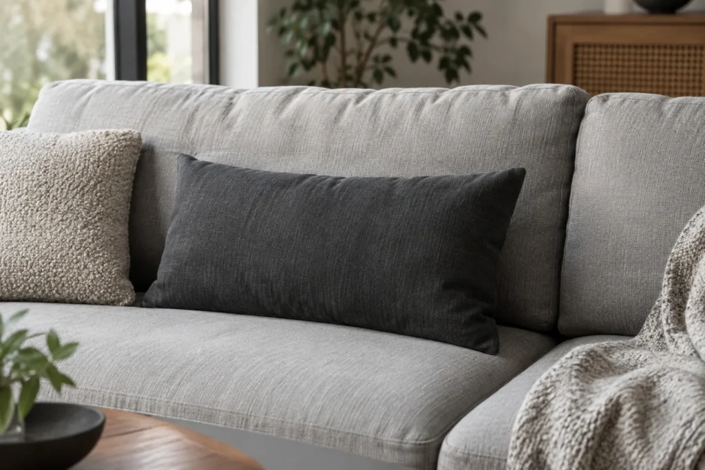 Coussin lombaire rectangulaire posé contre le dossier d’un canapé, parmi des coussins décoratifs.