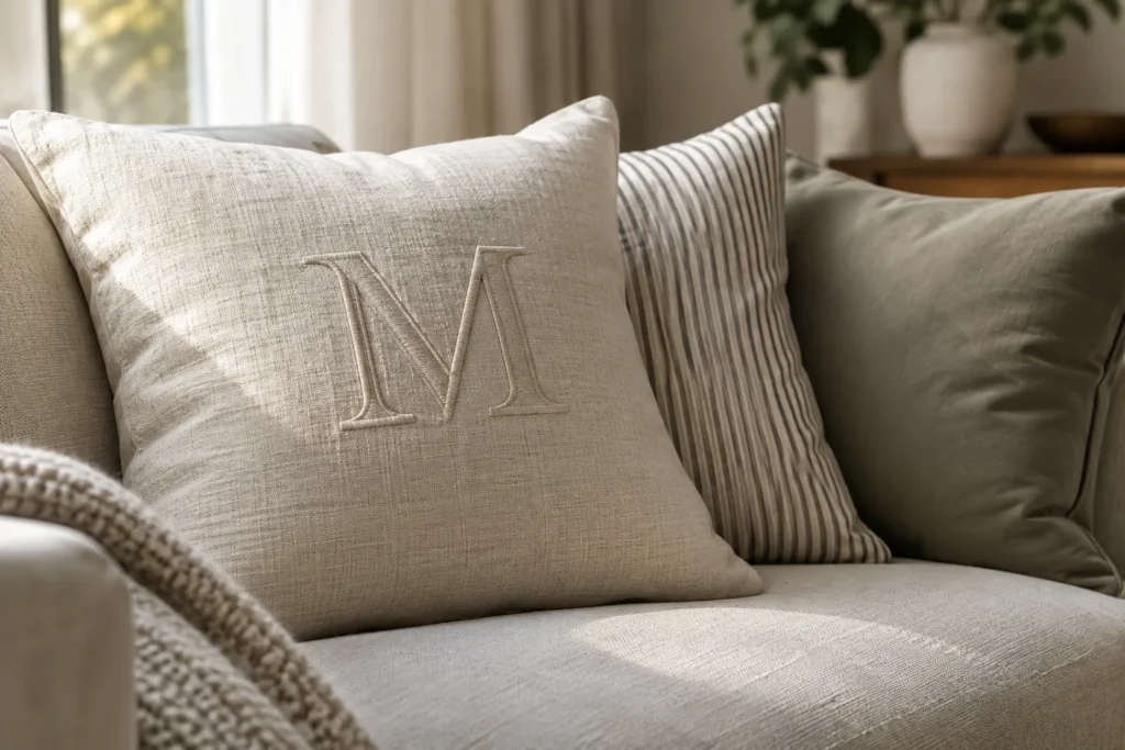 Coussin clair avec un monogramme brodé en relief, posé entre un coussin à fines rayures et une housse unie mate.