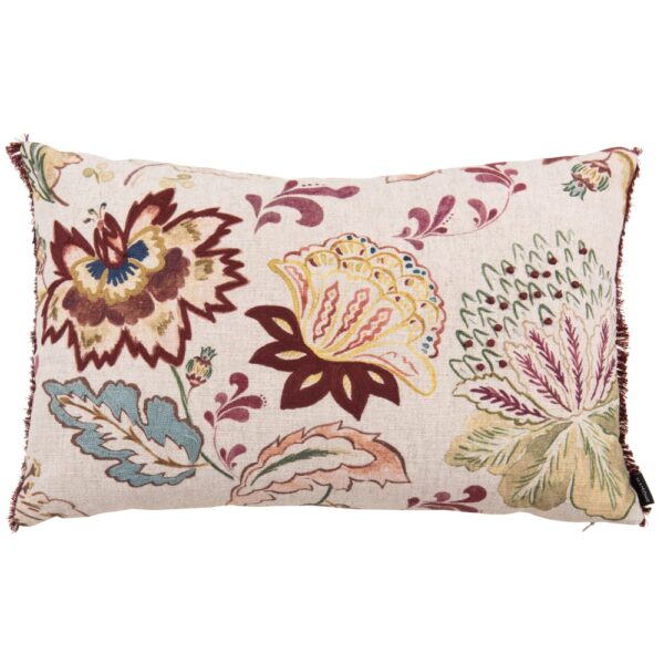 Coussin Maisons du Monde RENNA floral brodé avec galon à pompons bordeaux