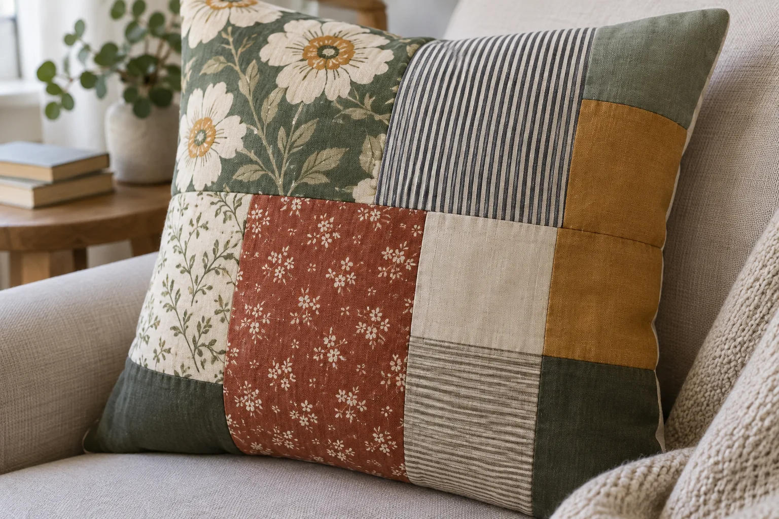 Détail d’un coussin patchwork où de grands carreaux côtoient de fines rayures et des pièces unies.