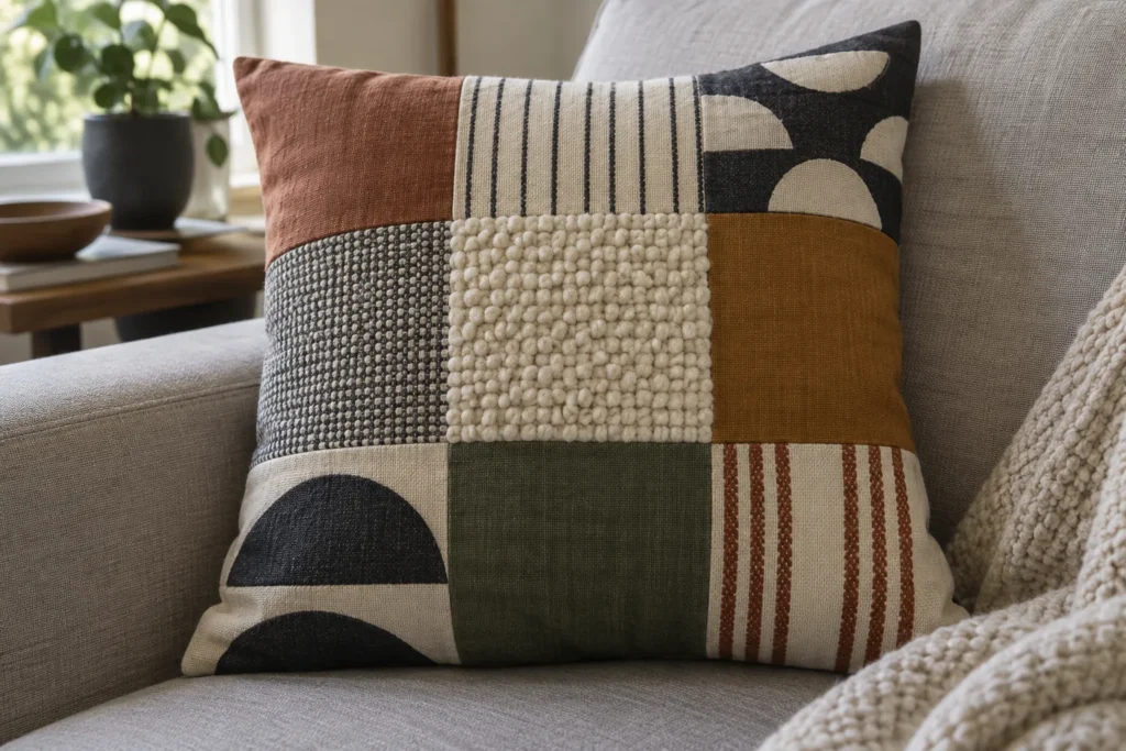 Coussin patchwork aux fragments géométriques posé sur un canapé clair, avec un coussin uni à côté.