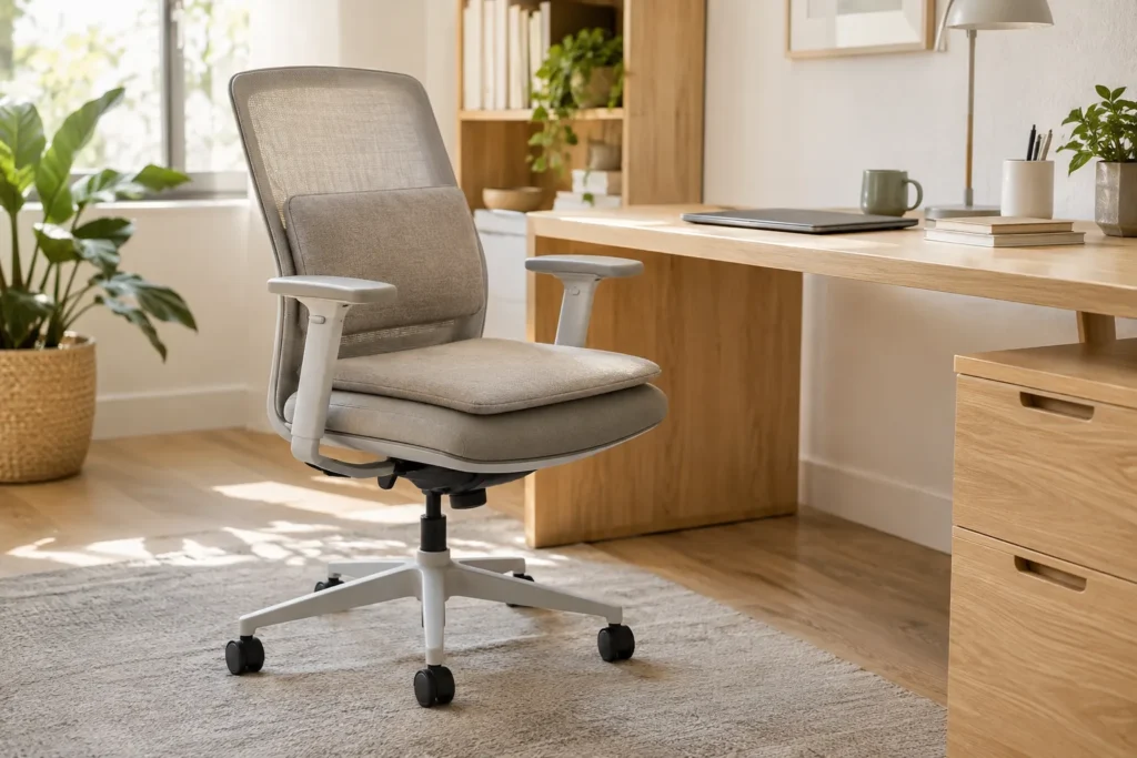 Une chaise de bureau avec un coussin plat sur l’assise et un coussin rectangulaire contre le dossier.