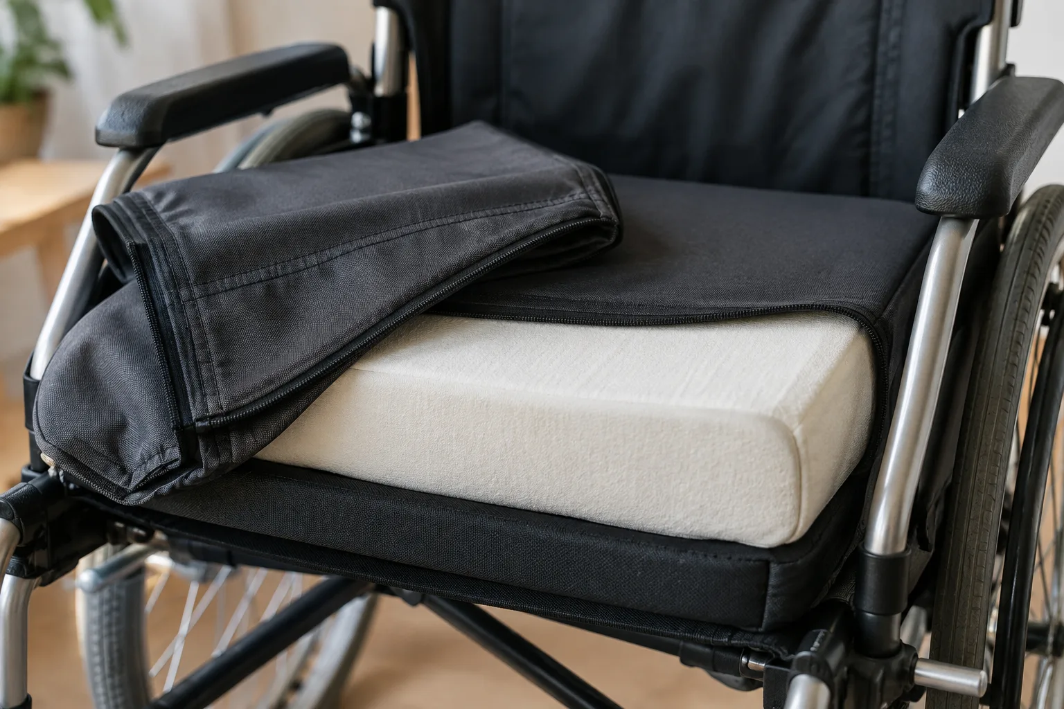 Housse textile unie pliée à côté du coussin d’assise d’un fauteuil roulant.