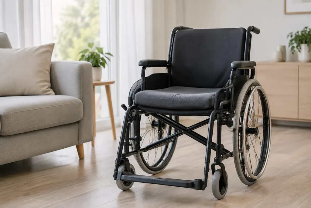 Fauteuil roulant avec un coussin d’assise uni dans une pièce lumineuse.