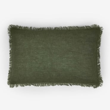 Coussin Glenfern Sklum rectangulaire en lin vert olive avec finition à franges