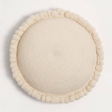Coussin rond Olets beige crème en coton tressé avec pompons décoratifs