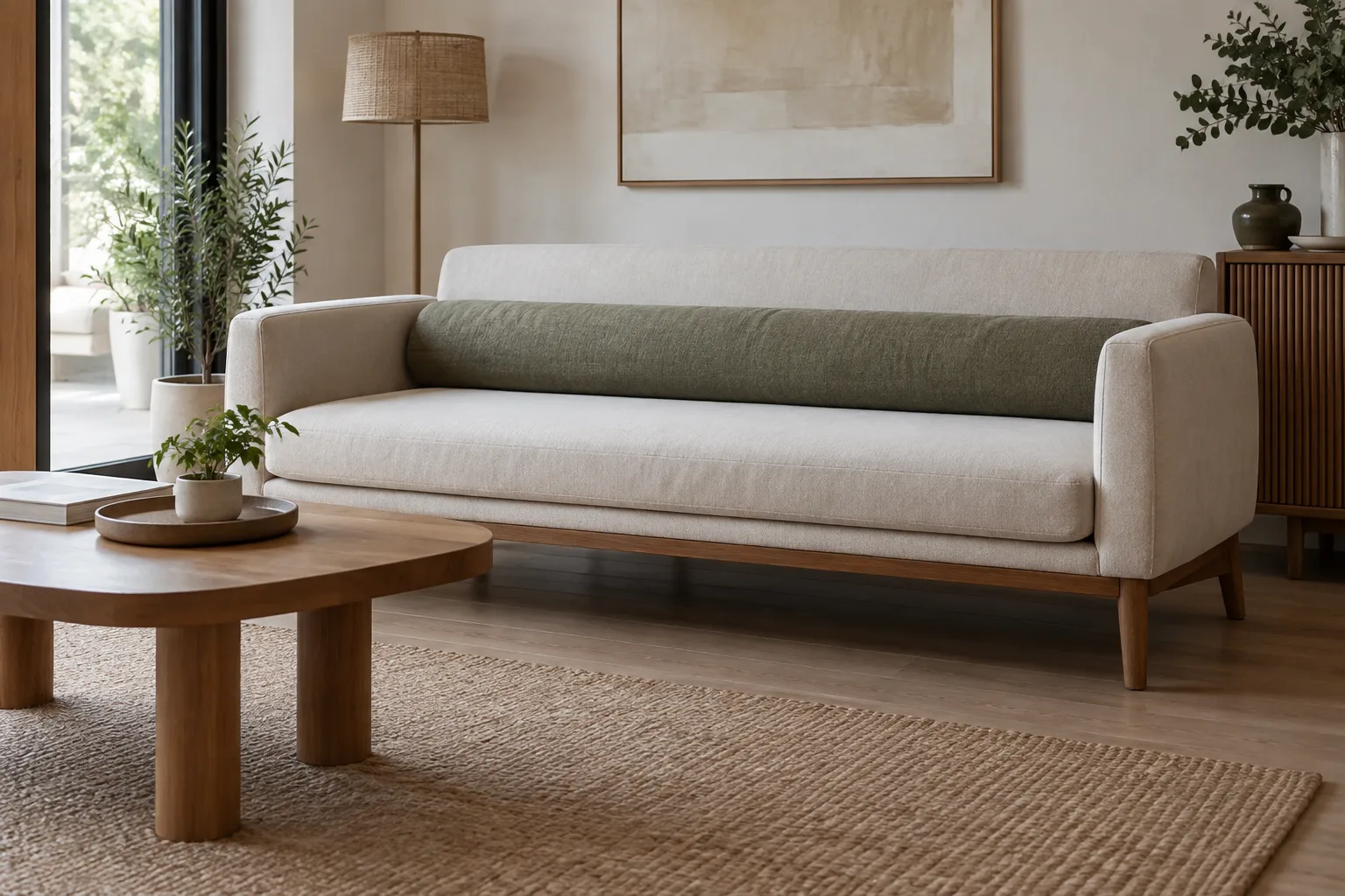 Un coussin traversin placé le long du dossier d’une banquette, avec le centre de l’assise laissé libre.