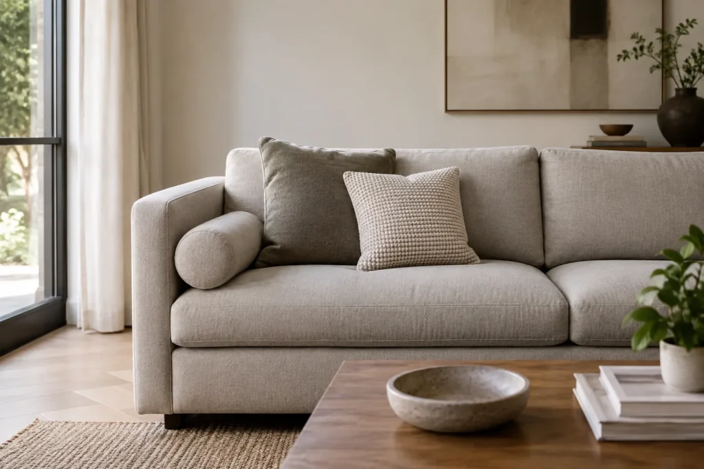 Un coussin traversin cylindrique posé à une extrémité d’un canapé en tissu clair, près de deux coussins carrés.