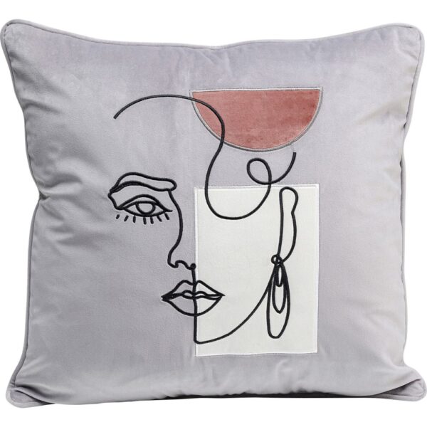 Coussin visage de femme Kare Design en velours gris au dessin au trait