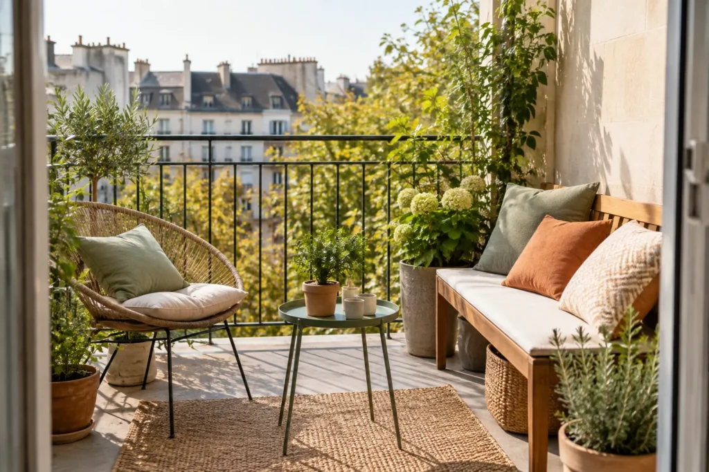 Un banc et une chaise de balcon sont garnis de coussins aux tons coordonnés, près de plantes en pots.