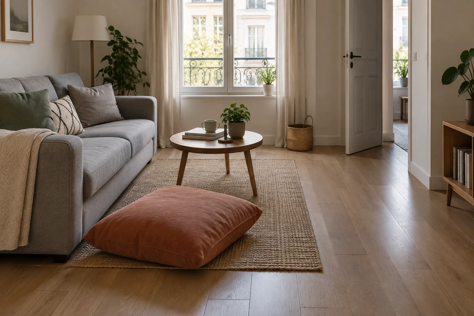 Un coussin de sol près d’un canapé, placé à l’écart du passage vers la porte.