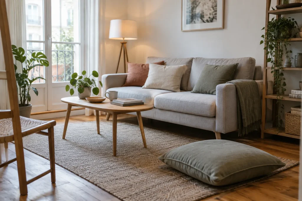 Un coussin de sol placé près d’un canapé étroit, avec un passage dégagé vers la fenêtre.