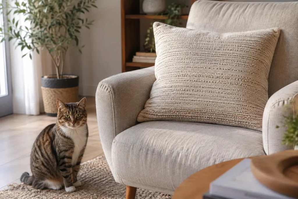 Un chat assis près d’un coussin en tissu posé sur un fauteuil de salon.
