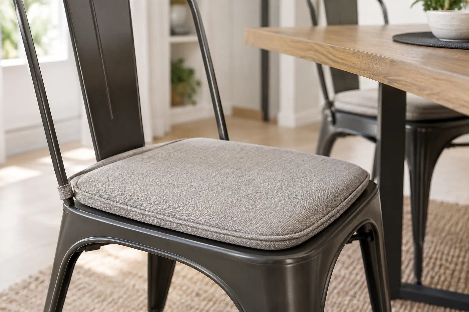 Coussin d’assise fin sur une chaise métallique, laissant les montants apparents.