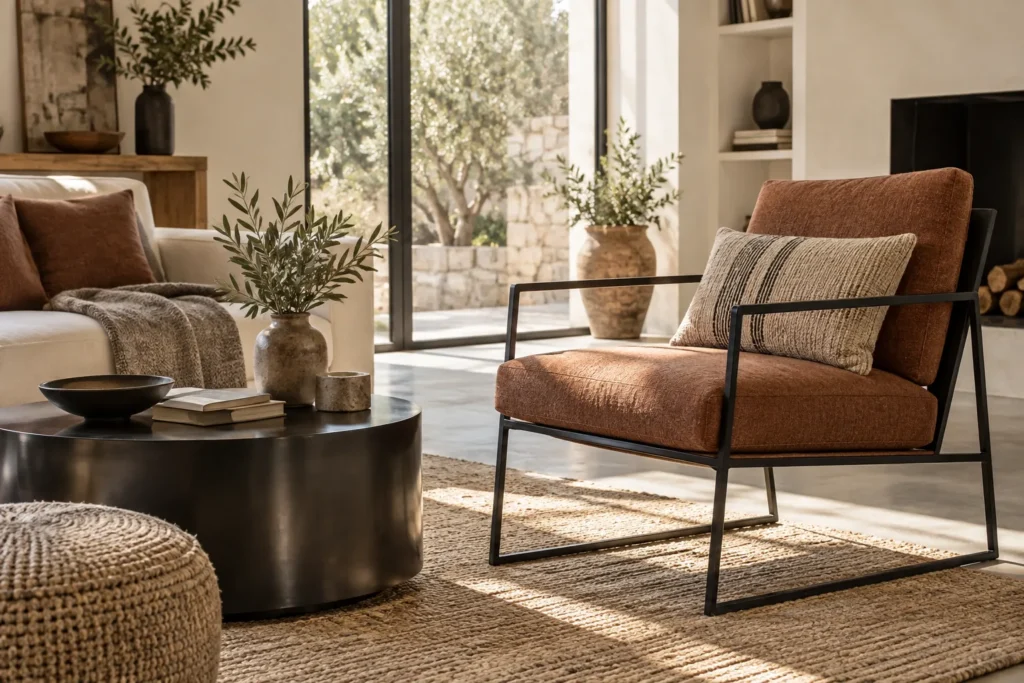 Un coussin couleur argile posé sur un fauteuil en métal noir près d’une table basse assortie.